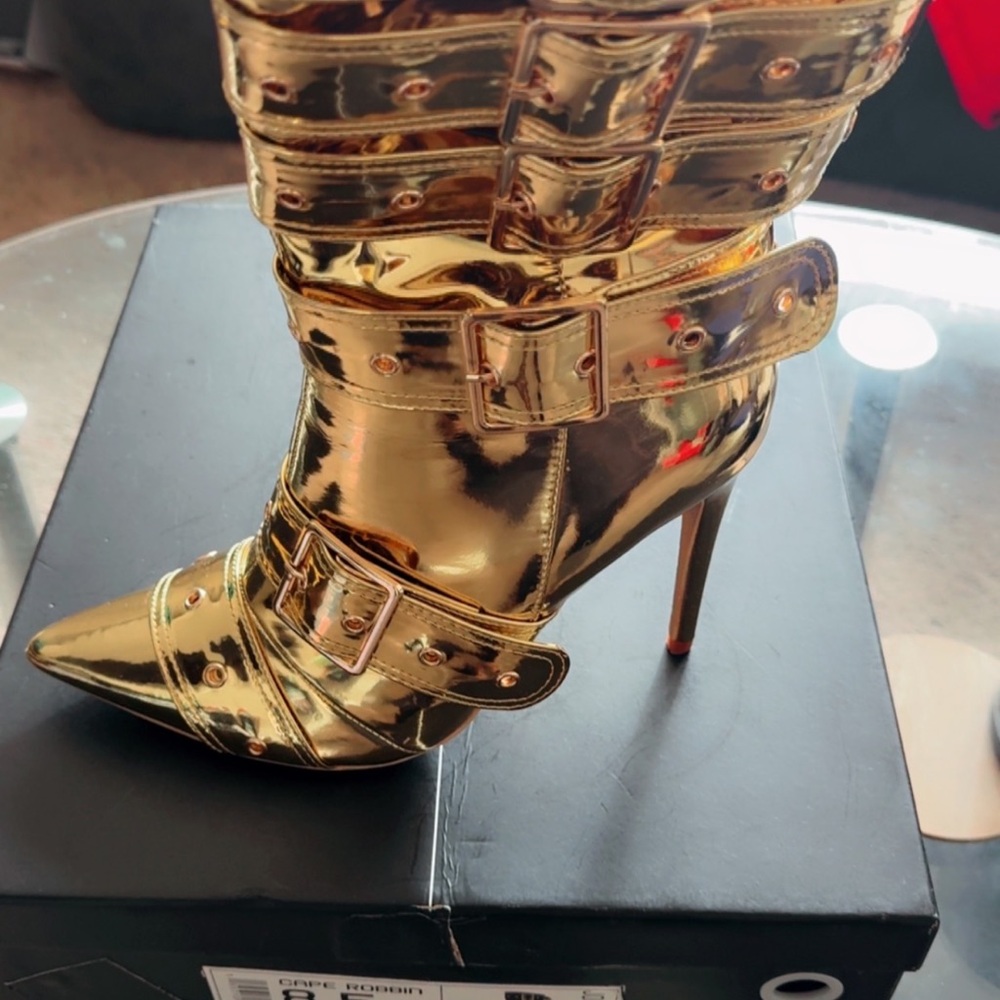 Gold High-Heel Buckle Ankle Boots - Women